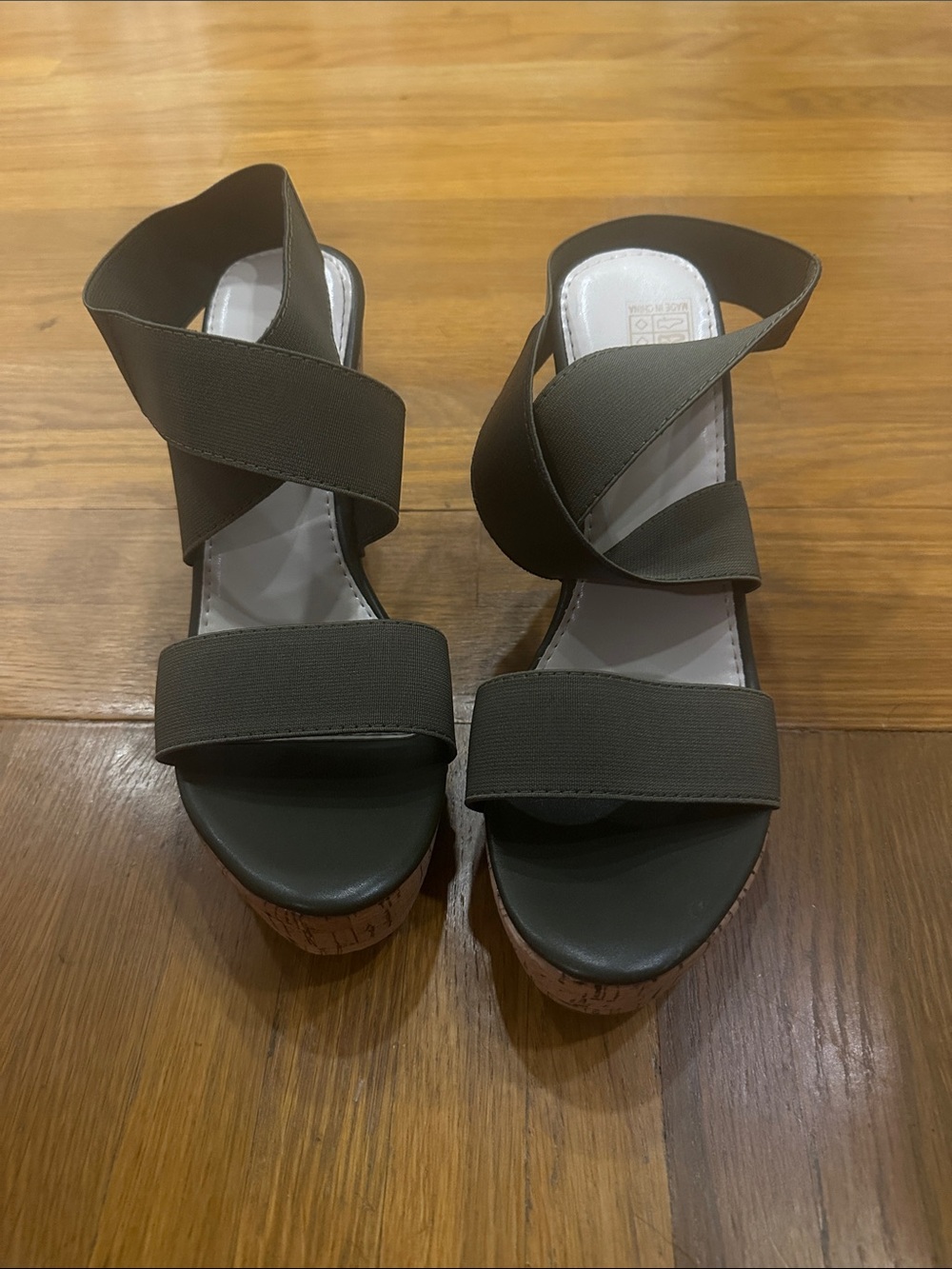 Women’s Olive Green Elastic Strap Cork Wedge Sandals